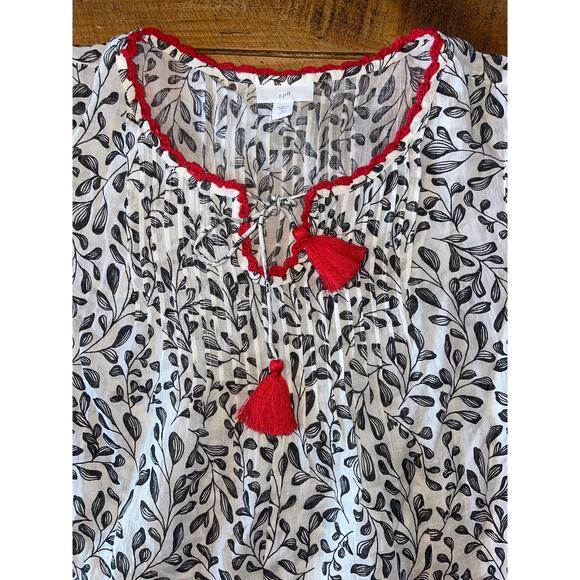 Womens J Jill Black White Red Tassel Embroidered Floral‎ Boho Peasant Top MP - Picture 3 of 9